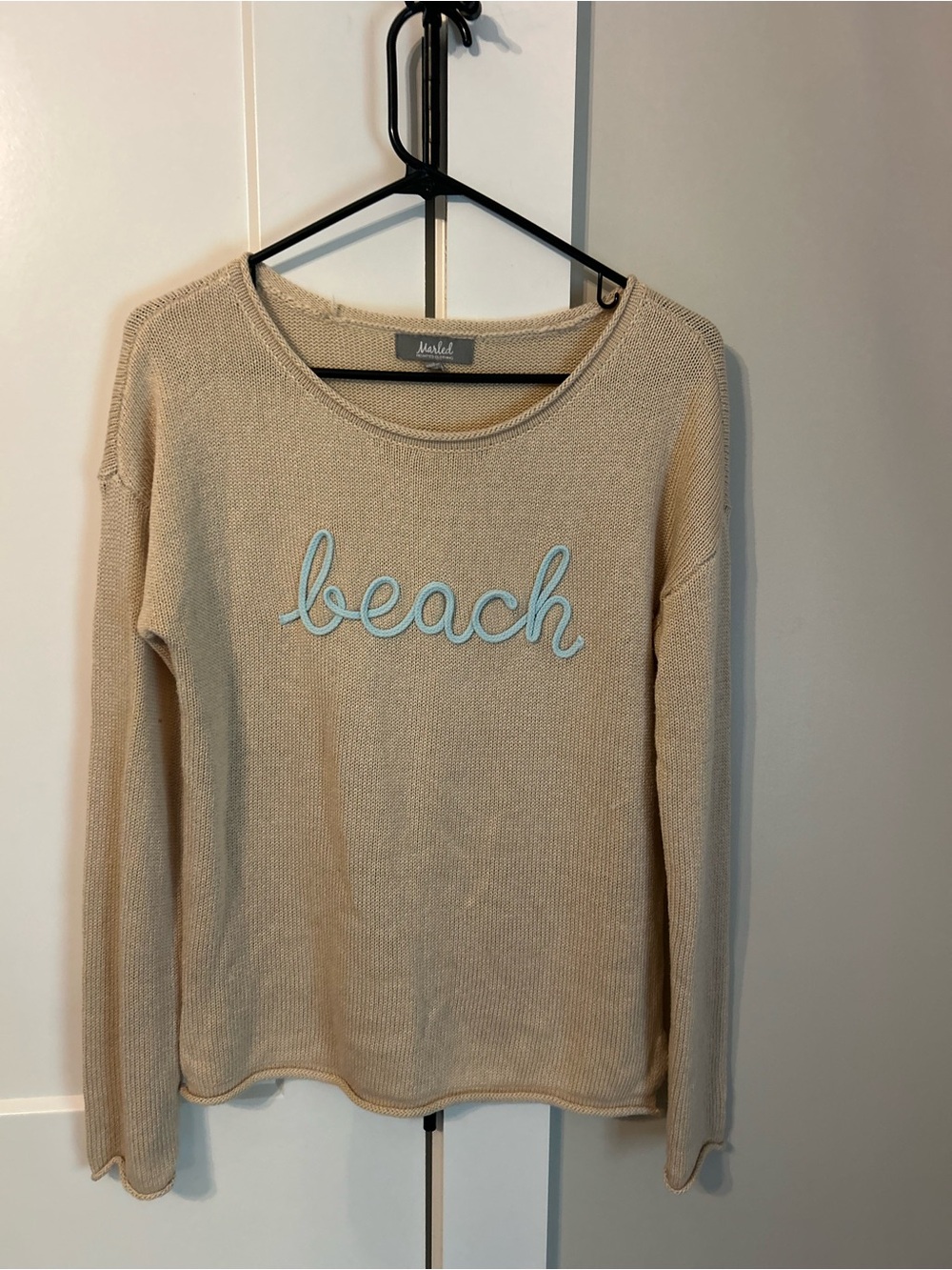 Marled Beige Crewneck Sweater with Light Blue 'beach' Embroidery - Picture 2 of 6